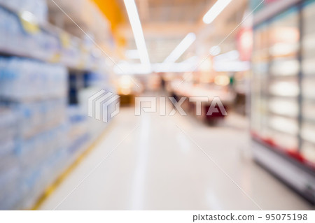 Empty Supermarket aisle shelves abstract blur defocused business background Empty Supermarket aisle shelves abstract blur defocused business background 95075198