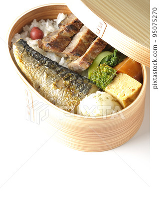 A grilled fish lunch box with pork, potato salad, omelet, etc. in a white background 95075270
