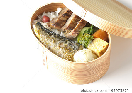A grilled fish lunch box with pork, potato salad, omelet, etc. in a white background 95075271
