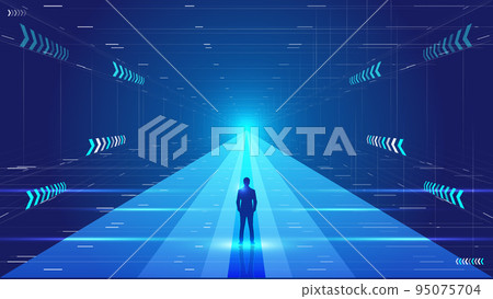 Businessman facing extension glowing tunnel technology innovation development concept Businessman facing extension glowing tunnel technology innovation development concept 95075704