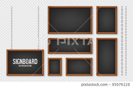 Signboards in a wooden frame hanging on a metal chain. Restaurant menu board. School chalkboard, writing surface for text or drawing. Blank advertising or presentation boards. Vector illustration 95076128