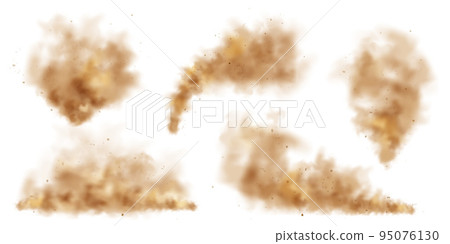 Realistic dust clouds isolated on white background. Sand storm with dirt particles, polluted dirty brown air, smog. Vector illustration 95076130