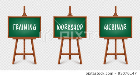 Realistic green chalkboard on wooden easel. Blackboard in wooden frame on a tripod. Presentation board with text, writing or drawing surface. Online studying, learning mockup. Vector illustration 95076147