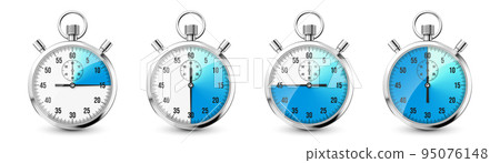 Realistic classic stopwatch icons. Shiny metal chronometer, time counter with dial. Blue countdown timer showing minutes and seconds. Time measurement for sport, start and finish. Vector illustration 95076148