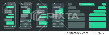 Realistic smartphone with messaging app. SMS text frame. Conversation chat screen with green message bubbles and placeholder text. Dark mode. Social media application. Vector illustration 95076170