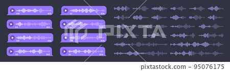 Voice, audio message, violet speech bubble. SMS text frame. Social media chat or messaging app conversation. Voice assistant, recorder. Sound wave pattern. Dark mode. Vector illustration 95076175