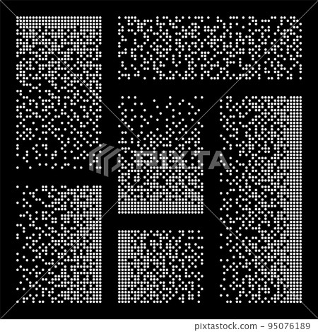 Pixel disintegration, decay effect. Various rectangular elements made of round shapes. Dispersed dotted pattern. Mosaic texture with simple particles. Vector illustration. Pixel disintegration, decay effect. Various rectangular elements made of round shapes. Dispersed dotted pattern. Mosaic texture with simple particles. Vector illustration. 95076189