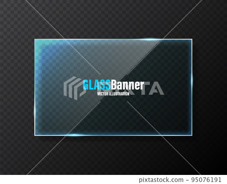 Realistic glass frame. Blue transparent glass banner with flares and highlights. Glossy acrylic plate, element with light reflection and place for text. Vector illustration Realistic glass frame. Blue transparent glass banner with flares and highlights. Glossy acrylic plate, element with light reflection and place for text. Vector illustration 95076191