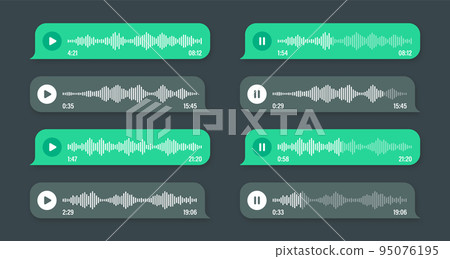 Voice, audio message, green speech bubble. SMS text frame. Social media chat or messaging app conversation. Voice assistant, recorder. Sound wave pattern. Dark mode. Vector illustration 95076195