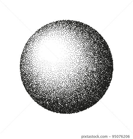 Round shaped dotted object, stipple elements. Fading gradient. Stippling, dotwork drawing, shading using dots. Pixel disintegration, halftone effect. White noise grainy texture. Vector illustration 95076206