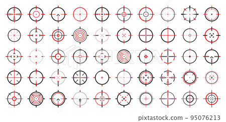 Crosshair, gun sight vector icons. Bullseye, black target or aim symbol. Military rifle scope, shooting mark sign. Targeting, aiming for a shot. Archery, hunting and sports shooting. Game UI element. Crosshair, gun sight vector icons. Bullseye, black target or aim symbol. Military rifle scope, shooting mark sign. Targeting, aiming for a shot. Archery, hunting and sports shooting. Game UI element. 95076213