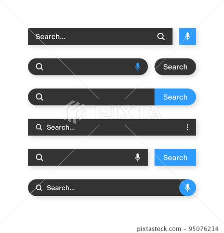 Various search bar templates, dark mode. Internet browser engine with search box, address bar and text field. UI design, website interface element with web icons and push button. Vector illustration Various search bar templates, dark mode. Internet browser engine with search box, address bar and text field. UI design, website interface element with web icons and push button. Vector illustration 95076214