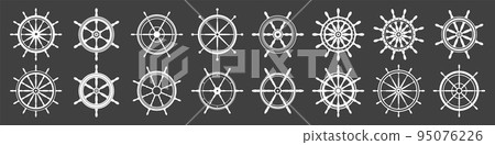 Collection of white vintage steering wheels. Ship, yacht retro wheel symbol. Nautical rudder icon. Marine design element. Vector illustration 95076226