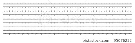 Various measurement scales with divisions. Realistic long scale for measuring length or height in centimeters, millimeters or inches. Ruler, tape measure marks, size indicators. Vector illustration Various measurement scales with divisions. Realistic long scale for measuring length or height in centimeters, millimeters or inches. Ruler, tape measure marks, size indicators. Vector illustration 95076232