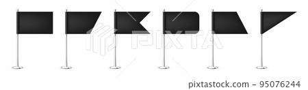 Realistic various table flags on a chrome steel pole. Blank black desk flag made of paper or fabric. Shiny metal stand. Mockup for promotion and advertising. Vector illustration Realistic various table flags on a chrome steel pole. Blank black desk flag made of paper or fabric. Shiny metal stand. Mockup for promotion and advertising. Vector illustration 95076244