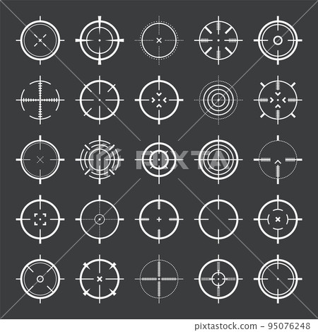 Crosshair, gun sight vector icons. Bullseye, target or aim symbol. Military rifle scope, shooting mark sign. Targeting, aiming for a shot. Archery, hunting and sports shooting. Game UI element. 95076248