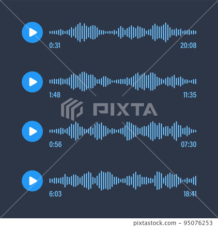 Voice message, social media chat conversation. Messaging app, music player, audio or video editor interface element. Voice assistant, recorder. Sound wave pattern. Dark mode. Vector illustration 95076253