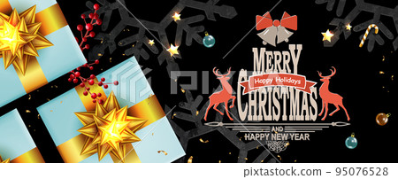 Christmas festive design with gift beautiful boxes, golden bows and tinsel Christmas festive design with gift beautiful boxes, golden bows and tinsel 95076528