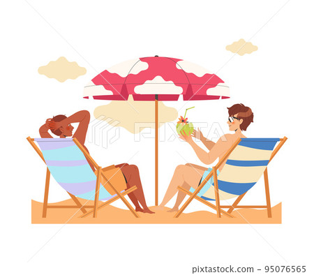 Man Lounging on Deck Chair Under Umbrella on Beach Enjoying Summer Vacation and Seaside Rest Vector Illustration Man Lounging on Deck Chair Under Umbrella on Beach Enjoying Summer Vacation and Seaside Rest Vector Illustration 95076565