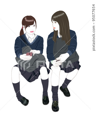 兩個高中女生一臉嚴肅地說話 兩個高中女生一臉嚴肅地說話 95077654