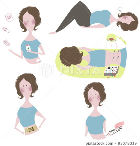 Illustration set of conservative therapy for lumbar spine disease such as heat therapy, drug therapy, physical therapy, brace therapy, and exercise therapy Illustration set of conservative therapy for lumbar spine disease such as heat therapy, drug therapy, physical therapy, brace therapy, and exercise therapy 95078039