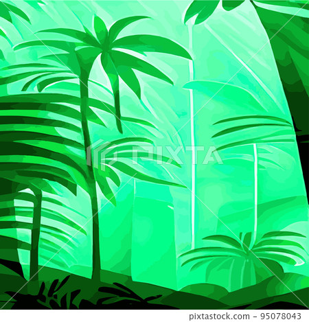 Tropical card with lush palm foliage. Oasis landscape. Hand drawn vector illustration .vector Tropical typography design with jungle green palm leaves. forest background 95078043