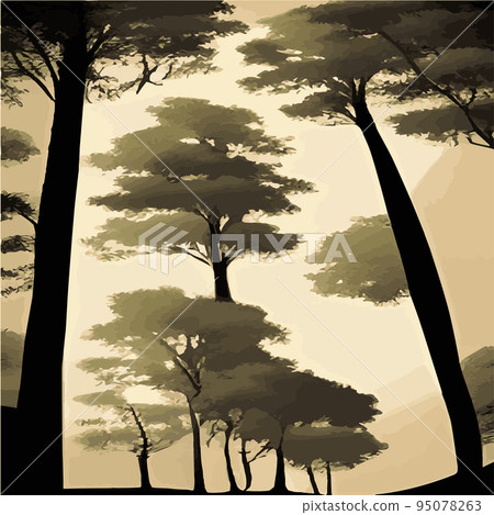 Vintage oak forest. Winter and summer tree. Hand drawn vector illustration. Retro style. old trees. fern and frond outline, botanical flora tropical illustration Vintage oak forest. Winter and summer tree. Hand drawn vector illustration. Retro style. old trees. fern and frond outline, botanical flora tropical illustration 95078263