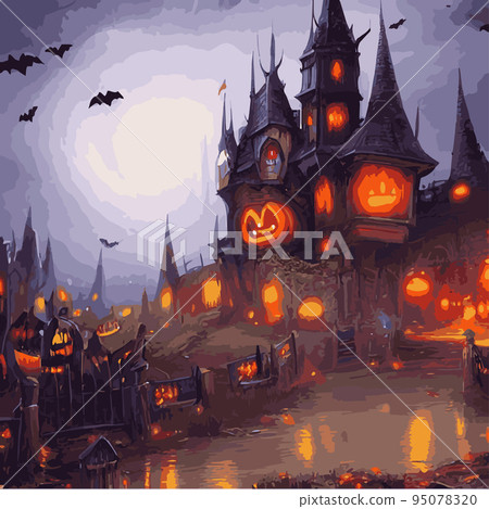 Halloween poster background. Foggy landscape with bats, big moon, pumpkins, trees and a dark gothic castle in the background. Illustrator vector template ,Scary horror halloween party 95078320