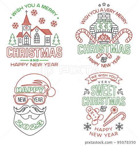 Set of Merry Christmas and Happy New Year stamp, sticker Set quotes with Catholic Church, fireplace, christmas socks, candy, santa claus. Vector. Line art design for xmas, new year emblem. 95078350