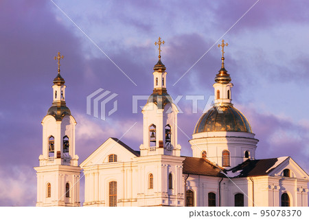 Vitebsk, Belarus. Soft Colors. Cathedral On Background Toned Cloudy Sky. Morning View Of Famous Landmark Is Assumption Cathedral Church In Upper Town On Uspensky Mount Hill In Sunrise Illumination 95078370