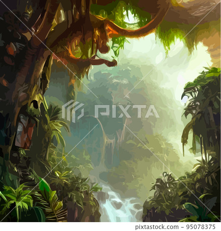 exotic foggy forest natural forest landscape. vector illustration . Landscape silhouette. Dense trees, lush spring, summer grass. Tropical forest with dense vegetation of trees, shrubs and vines. exotic foggy forest natural forest landscape. vector illustration . Landscape silhouette. Dense trees, lush spring, summer grass. Tropical forest with dense vegetation of trees, shrubs and vines. 95078375