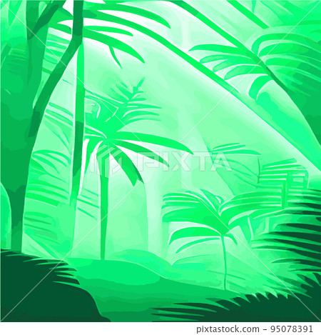 Tropical card with lush palm foliage. Oasis landscape. Hand drawn vector illustration .vector Tropical typography design with jungle green palm leaves. forest background 95078391