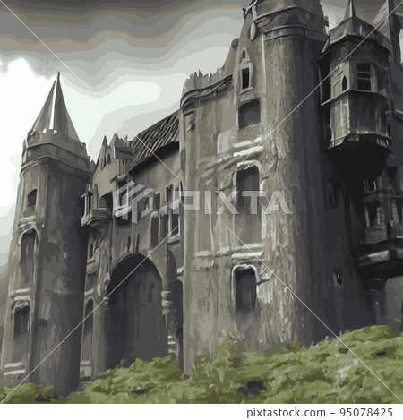 Gothic castle behind the gates in the moonlight scary building with ghosts Halloween festive concept flat vector illustration .Silhouette of fantasy fairy tale cathedral .Medieval architecture. Gothic castle behind the gates in the moonlight scary building with ghosts Halloween festive concept flat vector illustration .Silhouette of fantasy fairy tale cathedral .Medieval architecture. 95078425