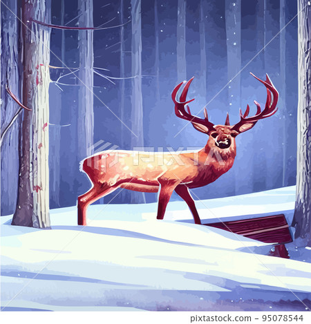 Landscape with dark winter northern forest and wild deer portrait, vector illustration. Wild animals of the north. Realistic vector landscape. natural background Landscape with dark winter northern forest and wild deer portrait, vector illustration. Wild animals of the north. Realistic vector landscape. natural background 95078544