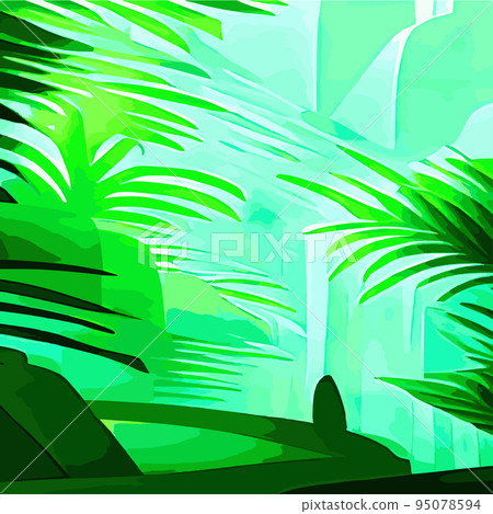 Tropical card with lush palm foliage. Oasis landscape. Hand drawn vector illustration .vector Tropical typography design with jungle green palm leaves. forest background 95078594