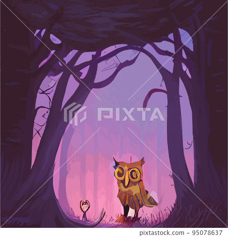 Owl. Realistic bird on dark moon forest background. Dark night background. autumn fairy tale art. Fashion template for clothes vector cartoon style owl Owl. Realistic bird on dark moon forest background. Dark night background. autumn fairy tale art. Fashion template for clothes vector cartoon style owl 95078637