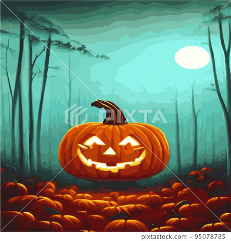 Halloween spooky traditional pumpkins in a dark misty night forest with blue mist. Halloween night background with pumpkin, Halloween party wallpaper or invitation template, advertising. 95078785