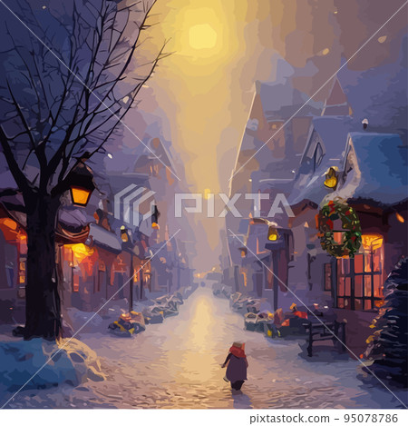 Christmas city illustration. Christmas snowy old town. Cartoon buildings. Christmas background. City street at winter. New Year greeting opening. 95078786