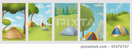 Camping landscape with tent in the forest clearing. Tents in pine forest grass. Summer camping nature. Eco tourism. Outdoor recreation concept. Vector illustration, set of vertical posters Camping landscape with tent in the forest clearing. Tents in pine forest grass. Summer camping nature. Eco tourism. Outdoor recreation concept. Vector illustration, set of vertical posters 95078787