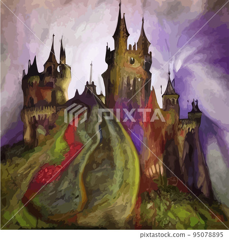 Gothic castle behind the gates in the moonlight scary building with ghosts Halloween festive concept flat vector illustration .Silhouette of fantasy fairy tale cathedral .Medieval architecture. Gothic castle behind the gates in the moonlight scary building with ghosts Halloween festive concept flat vector illustration .Silhouette of fantasy fairy tale cathedral .Medieval architecture. 95078895