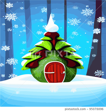 Beautiful Christmas fairy tale with decorated houses big Christmas tree. Amazing winter holiday card. Vector illustration . Fairy house in winter among Christmas trees and snow. cartoon illustration Beautiful Christmas fairy tale with decorated houses big Christmas tree. Amazing winter holiday card. Vector illustration . Fairy house in winter among Christmas trees and snow. cartoon illustration 95078896