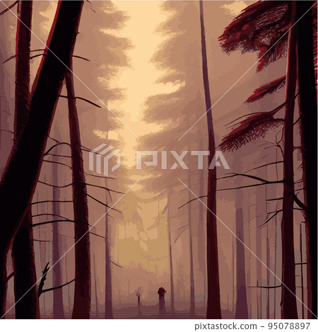 mysterious forest. Background landscape at night twilight foggy forest. Cartoon colored illustration of taiga dark coniferous forest forests. enchanted forest at night. 95078897