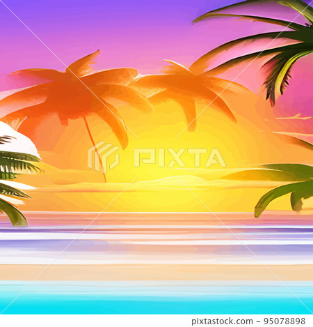 Palm trees against background gradient sun in the style of 80s. Synthwave and Retrowave style. Orange color. Design advertising booklets, posters, travel agencies. Vector illustration with copy space 95078898