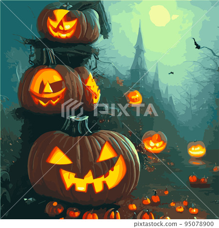 Spooky vector illustration pumpkins fantasy style. Halloween stylized horror pumpkin spooky party decoration, mockup, web page design template. posters, banners, invitations, advertisements, flyers Spooky vector illustration pumpkins fantasy style. Halloween stylized horror pumpkin spooky party decoration, mockup, web page design template. posters, banners, invitations, advertisements, flyers 95078900