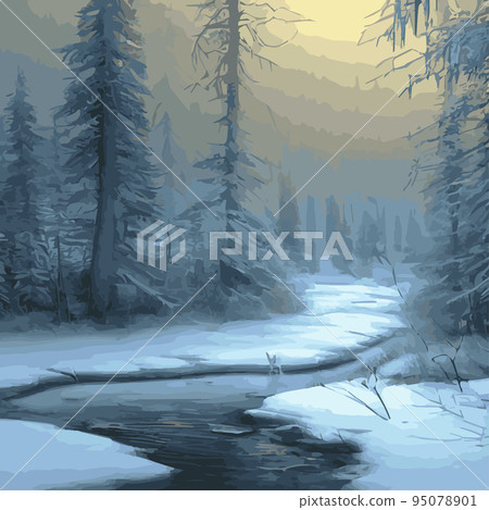Winter landscape forest. Winter nature forest with spruces, pines bushes. Snowy areas branches covered with snow. Winter landscapes with vector illustration. Merry Christmas Happy New Year forest Winter landscape forest. Winter nature forest with spruces, pines bushes. Snowy areas branches covered with snow. Winter landscapes with vector illustration. Merry Christmas Happy New Year forest 95078901
