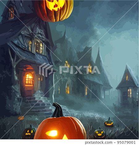Creepy Halloween card. Glowing pumpkins on the background of a spooky place with a fantasy style house. Halloween party with pumpkins. Vector illustration. 95079001