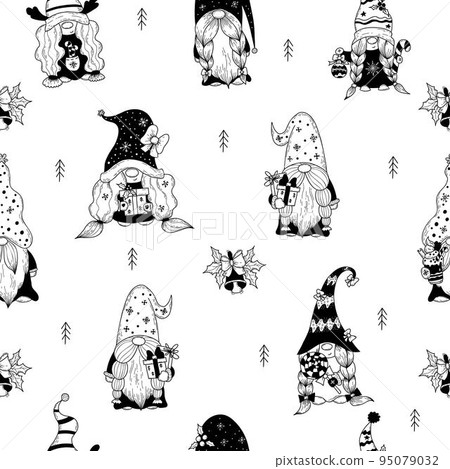 Christmas seamless pattern. New Years characters scandinavian gnome with gift and garden gnome girl with caramel and christmas ball on white background. Vector Linear Pattern, hand doodle style. Christmas seamless pattern. New Years characters scandinavian gnome with gift and garden gnome girl with caramel and christmas ball on white background. Vector Linear Pattern, hand doodle style. 95079032