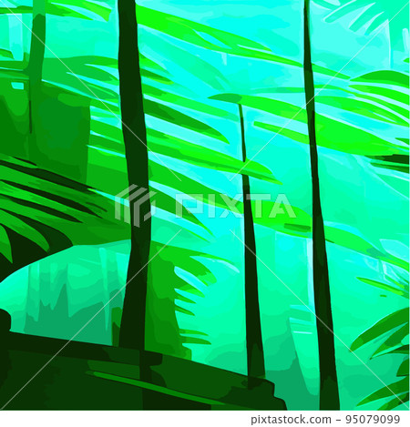 Tropical card with lush palm foliage. Oasis landscape. Hand drawn vector illustration .vector Tropical typography design with jungle green palm leaves. forest background 95079099