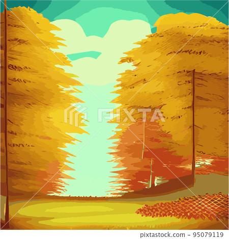 Autumn countryside scenery with sunset, panoramic mid-autumn leaves falling from trees in orange foliage. Wonderland in autumn season , Autumn landscape Background Autumn countryside scenery with sunset, panoramic mid-autumn leaves falling from trees in orange foliage. Wonderland in autumn season , Autumn landscape Background 95079119