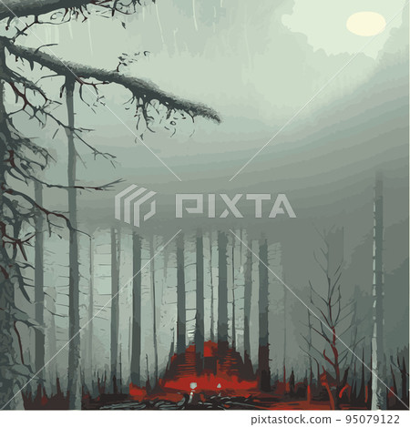 mysterious forest. Background landscape at night twilight foggy forest. Cartoon colored illustration of taiga dark coniferous forest forests. enchanted forest at night. mysterious forest. Background landscape at night twilight foggy forest. Cartoon colored illustration of taiga dark coniferous forest forests. enchanted forest at night. 95079122